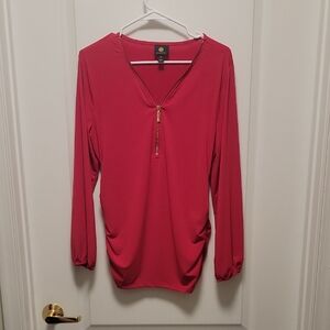 JM Collection Red Zipper V-Neck Blouse